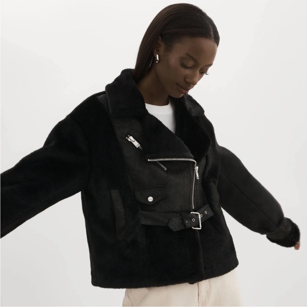 Lamarque Black Faux Fur Moto Jacket with Belt